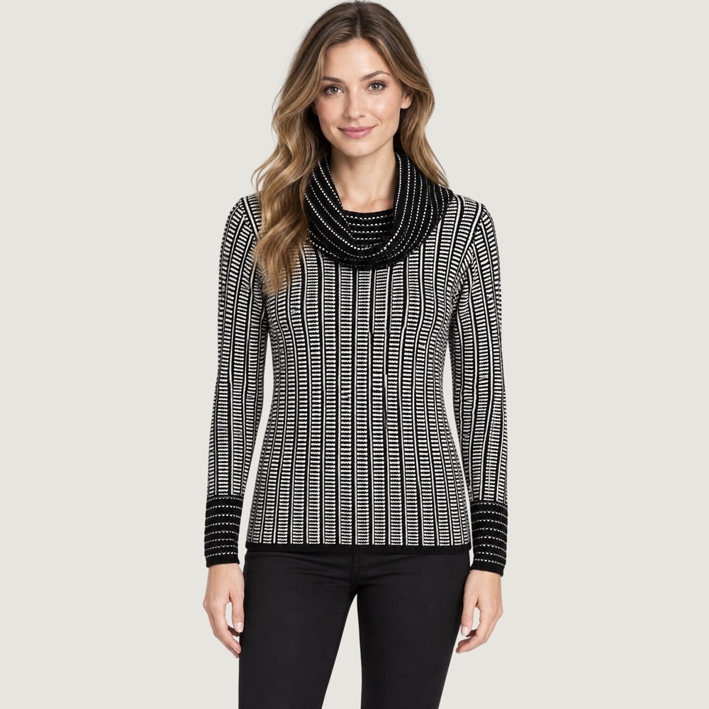 Calvin Klein Cowl Neck Sweater Womens XS Black White Striped Knit Preppy Modern